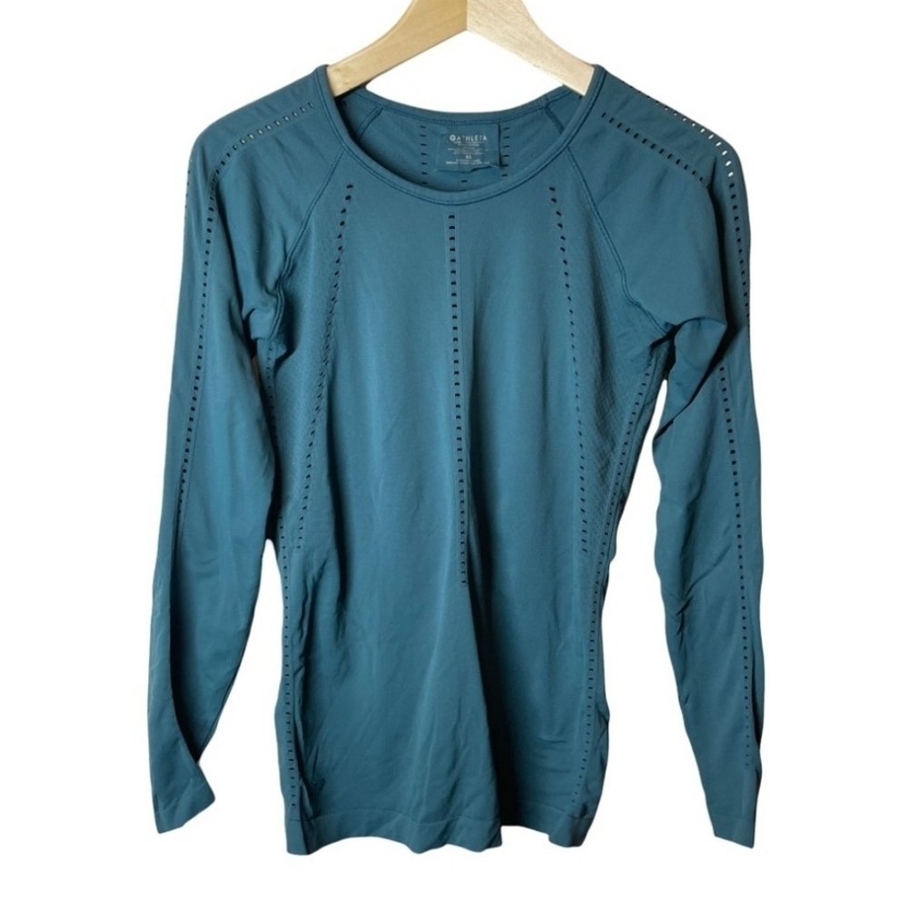 Athleta Foothills Seamless Perforated Long Sleeve In Teal Blue Top Large - Picture 3 of 4